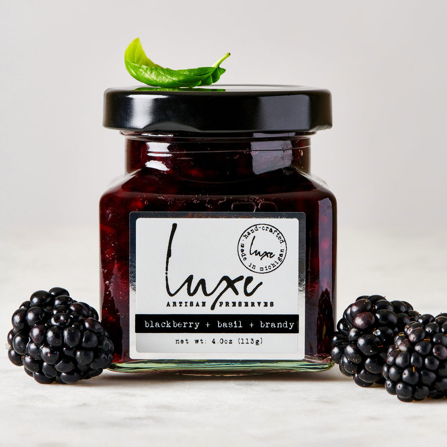 Blackberry preserves infused with fresh basil and apple brandy. 